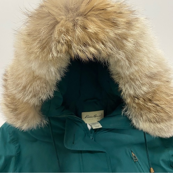 Eddie Bauer Premier Polar Parka Goose Down Coat Coyote Fur Hood Green Women’s S - Picture 9 of 13